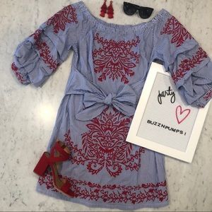 Blue & wht pinstripe w/ red embroidery  OTS dress